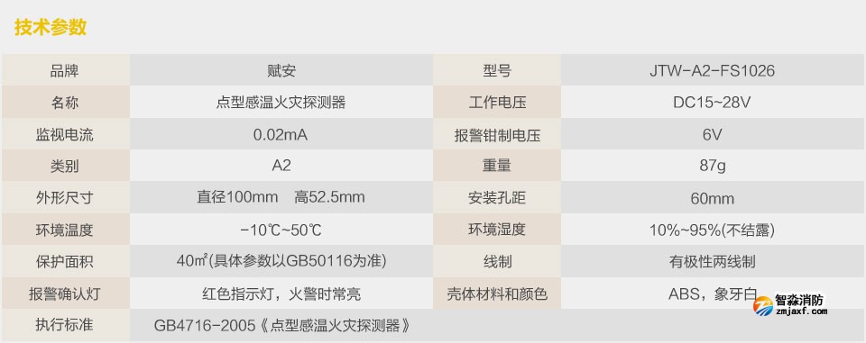 賦安JTW-A2-FS1026點(diǎn)型感溫火災(zāi)探測器 技術(shù)參數(shù)